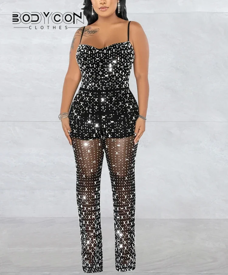 

Bodycon Black Silver Rhinestones Mesh Sheer Legs Jumpsuits New Glam Crystal Jumpsuits Women Clothing Clubwear Birthday Outfits