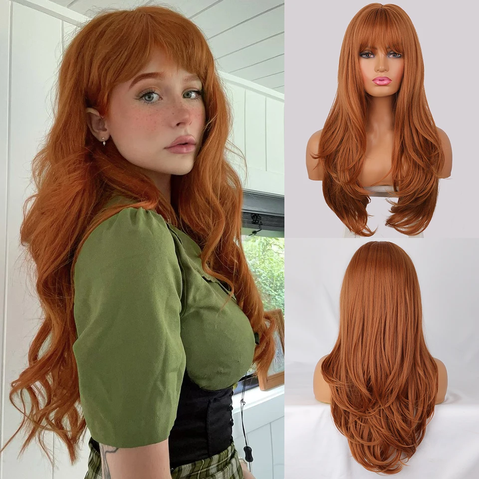 Synthetic Wigs for Women Long Wavy Red Brown Copper Ginger Wigs With Bangs Long Straight Ombre Red Cosplay Wig Heat Resistat