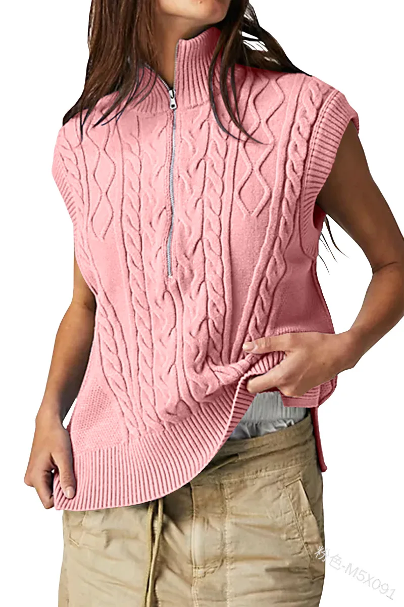 

Loose Stand Collar Half Zipper Twist Pullover Sweater 2023 Autumn Winter New Elegant Stand Collar Knitted Vest for Women