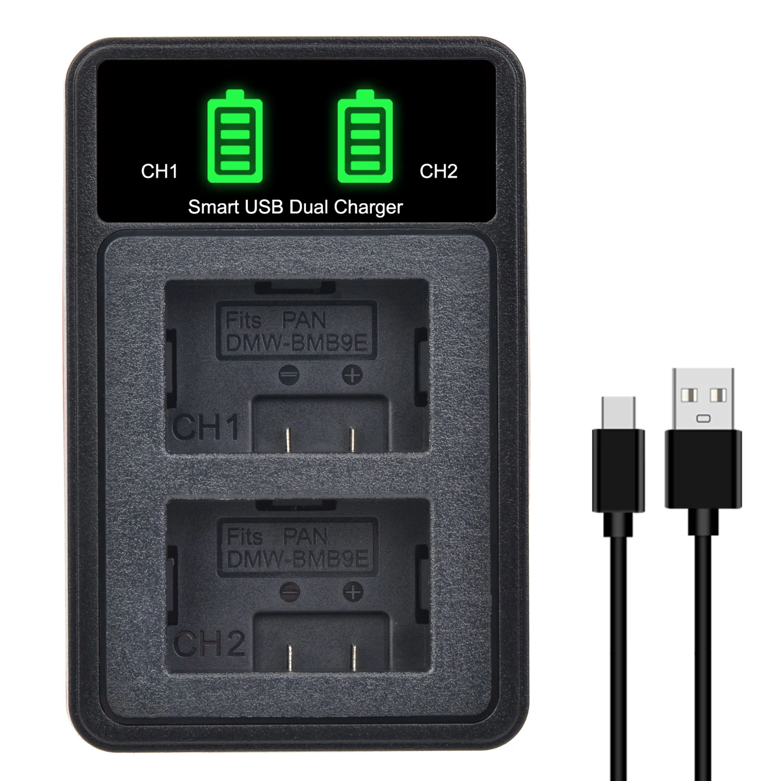 PATONA Set of 2 batteries DMW-BMB9 E with charger, 4-in-1, compatible with Panasonic Lumix DC FZ82 FZ83 DMC FZ72 FZ62 FZ45 FZ48 FZ100 FZ150 Leica V-LUX 3 etc