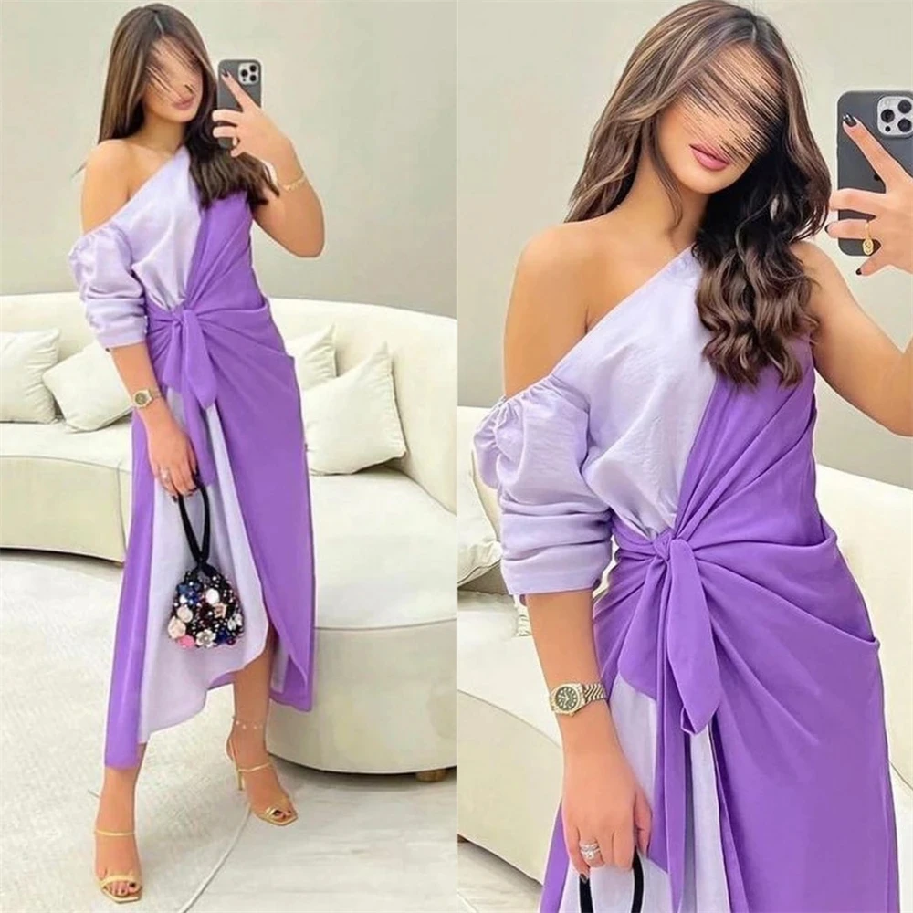 

Purple Prom Dresses Fashion Off-the-shoulder Sheath Fold Draped Chiffon Occasion Evening Gown vestidos de ocasión formales
