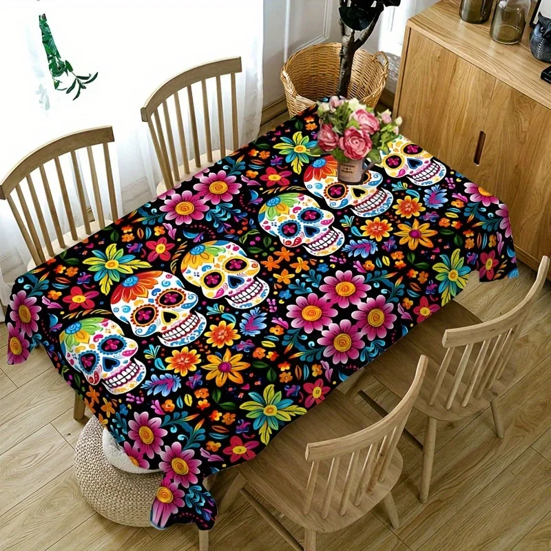 Day Of The Dead Skull Floral Halloween Tablecloth - 53x98 Inch Rectangular Party Table Cover - View #3