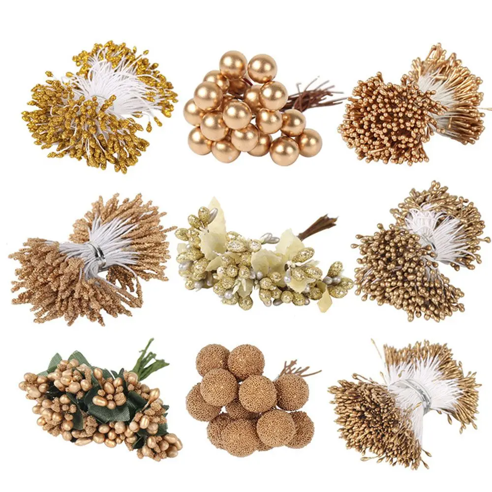 12/90pcs Gold Hybrid Emulation Flower Wedding Artificial Plants Cherry Berries Bundle Stamen Wreaths Decoration