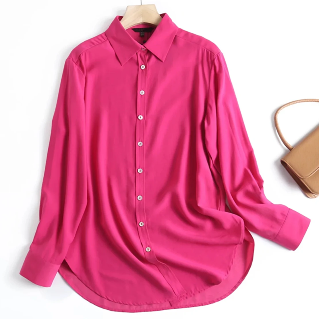 

Dave&Di 2023 England Style Office Lady Fashion Blouse Women Simple Rose Red Solid Elegant Long Sleeve Casual Shirt Tops