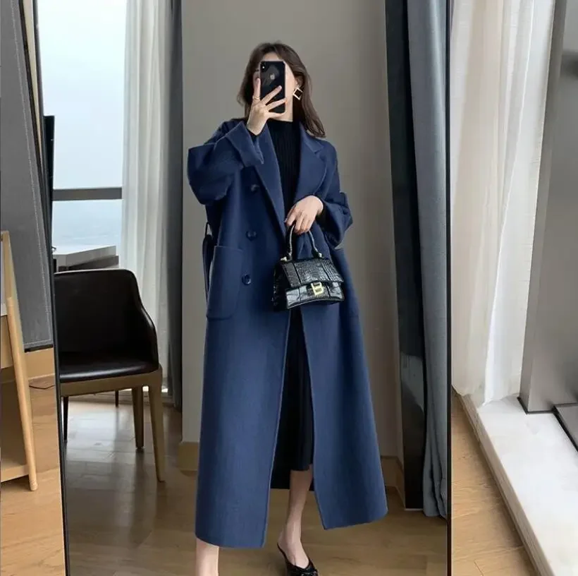 

2023 Winter Woolen Long Coat Casual Women Double Breasted Faux Wool Jacket Fall Fashion Korean Ladies Black Clothes New