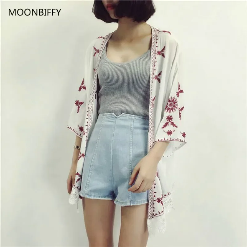 Maternity Ethnic Boho Kimono Cardigan Vintage Floral Embroidery Cardigan Girl Red Black White Cardigans Maternity Women Summer