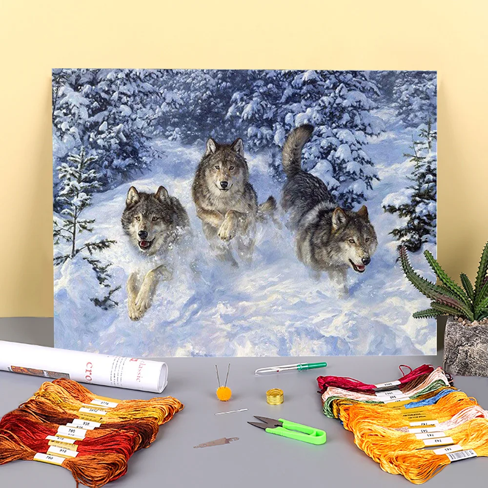 Wolf Animals Bead Printed Water-Soluble Canvas 11CT Cross Stitch Patterns DIY Embroidery DMC Threads Knitting Craft Package | Дом и сад