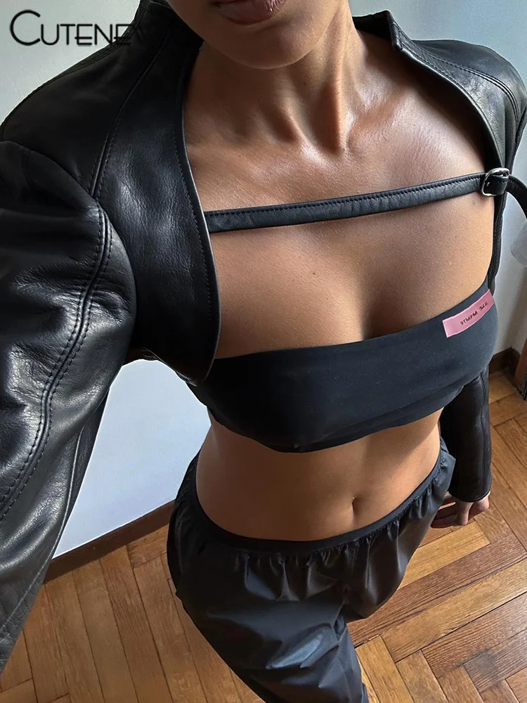 Women's PU leather Solid Top Hollow Out Long-Sleeved T-shirt Casual Clothing Shirt New Sexy Slim Femme Streetwear 20 Women's PU leather Solid Top Hollow Out Long-Sleeved T-shirt Casual Clothing Shirt New Sexy Slim Femme Streetwear