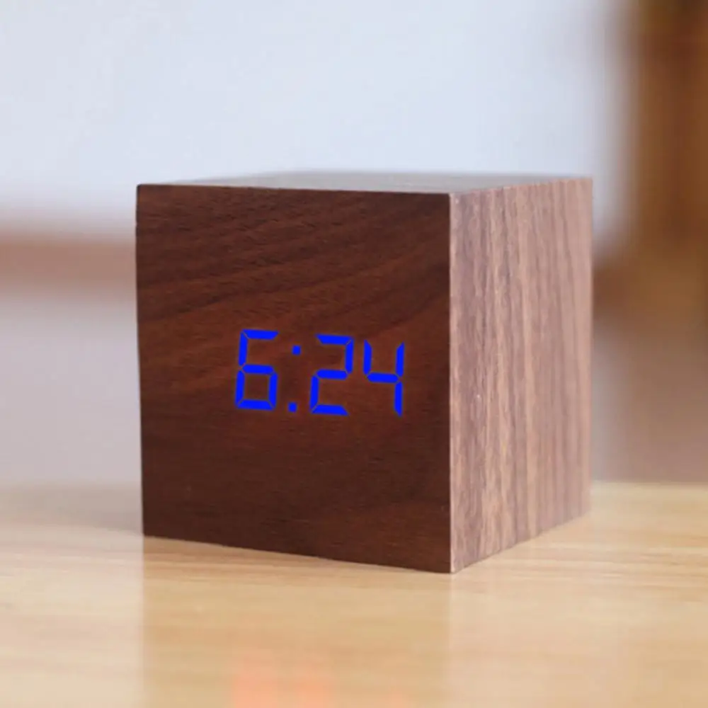 Wall Clock Electronic LED Clock Digital Intelligent Alarm Wooden Square USB Desk Table Voice Control Decoration School Wekker Klok