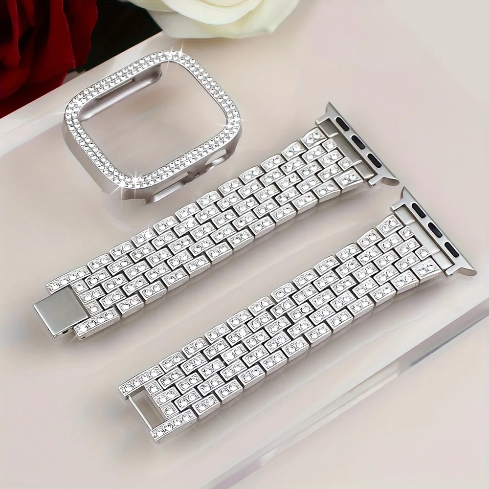 Elegant Diamond Watch Band and Glossy Case Set - Stylish Strap with Protective Cover