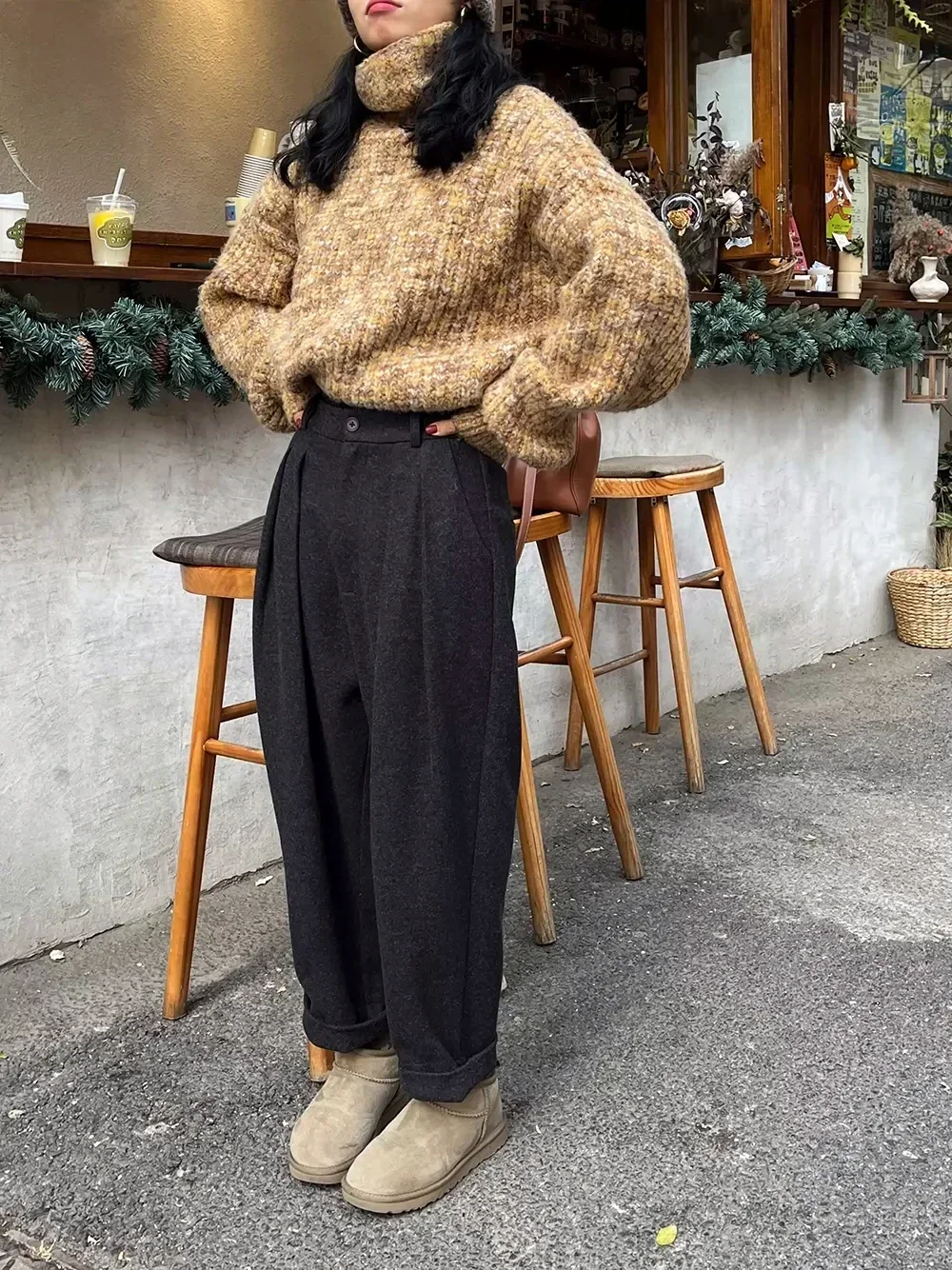 Chic Women Casual Loose Pockets Woolen Suit Pants Autumn Winter High Waist Thicken Korean Ladies Solid Harem Trousers women suit pants