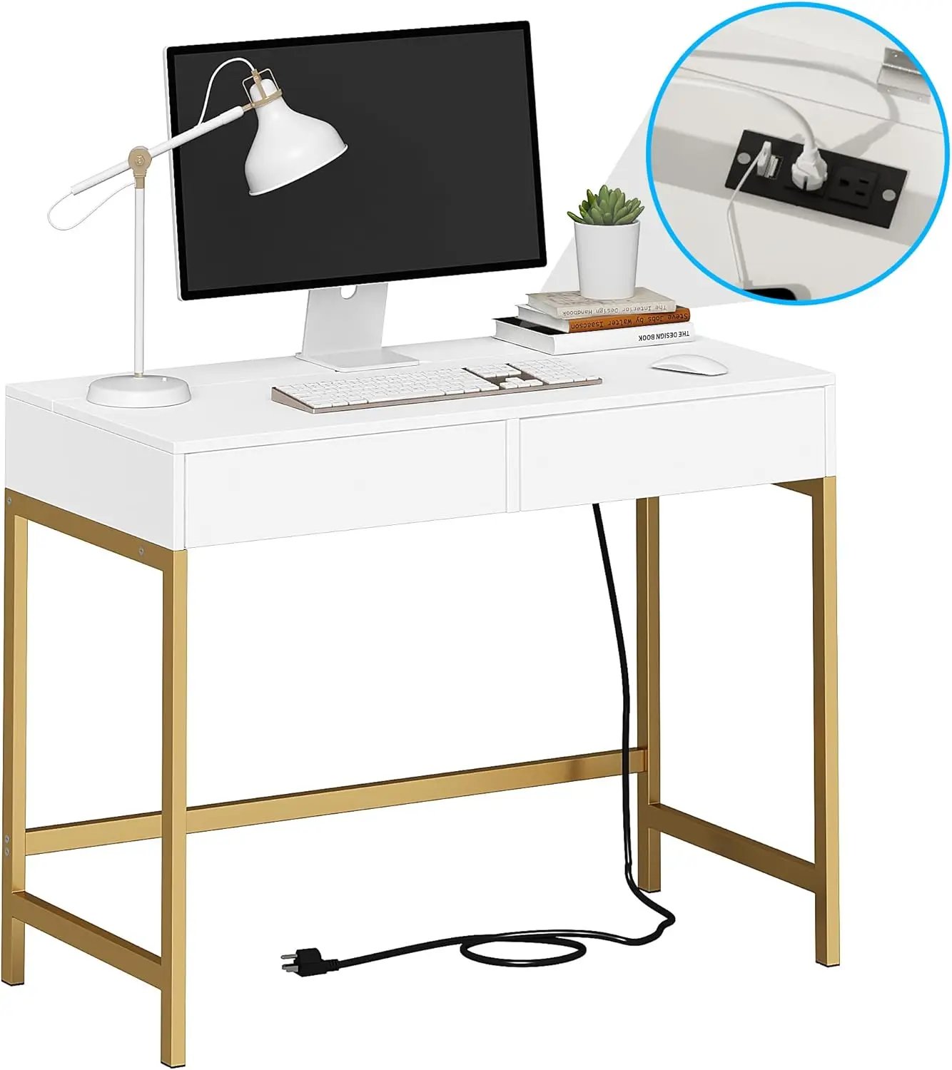 Treocho Computer Desk with USB Charging Ports and Power Outlets, Modern Simple 40 inch Vanity Desk with 2 Drawers, Makeup Table