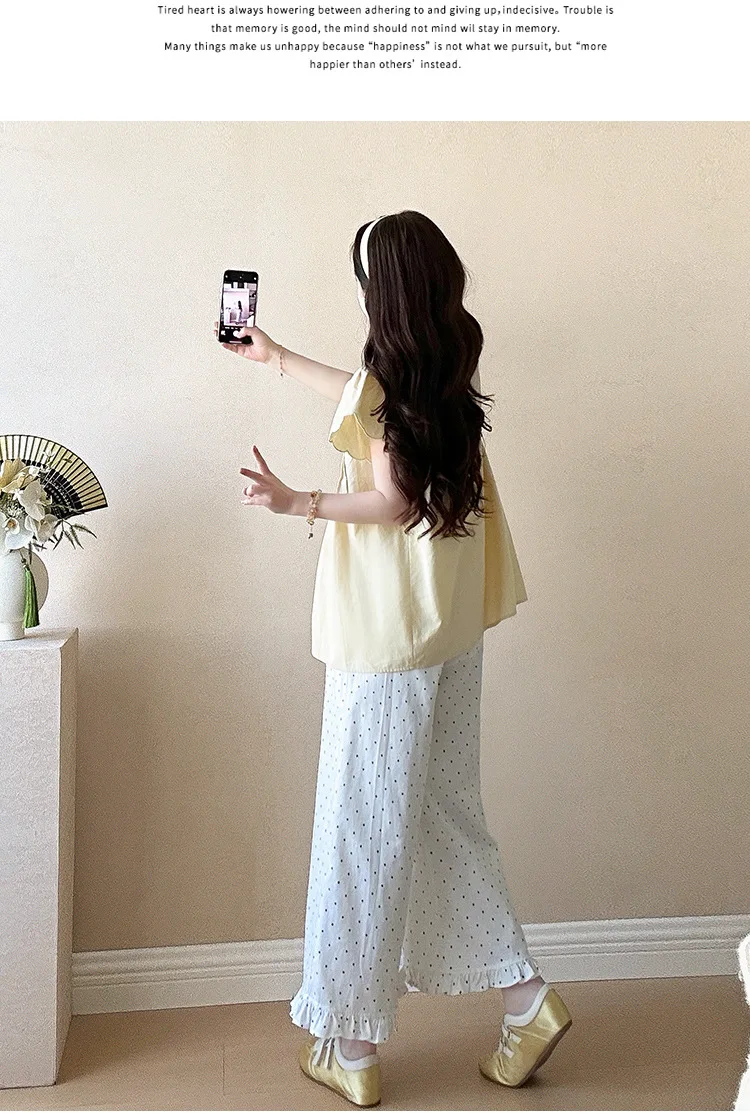 임산부 여름용 스윗하고 귀여운 통기성 좋은 러플 소매 블라우스와 물방울 무늬 와이드 레그 팬츠 투피스 세트
