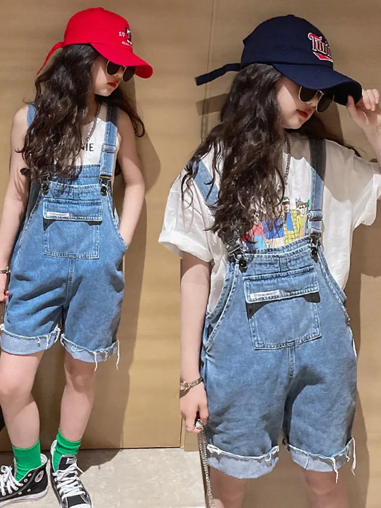 

Girls' Overalls Summer Clothes New Style Fashionable Summer Children's Thin Section Denim Wide-leg Pants Two-piece Set