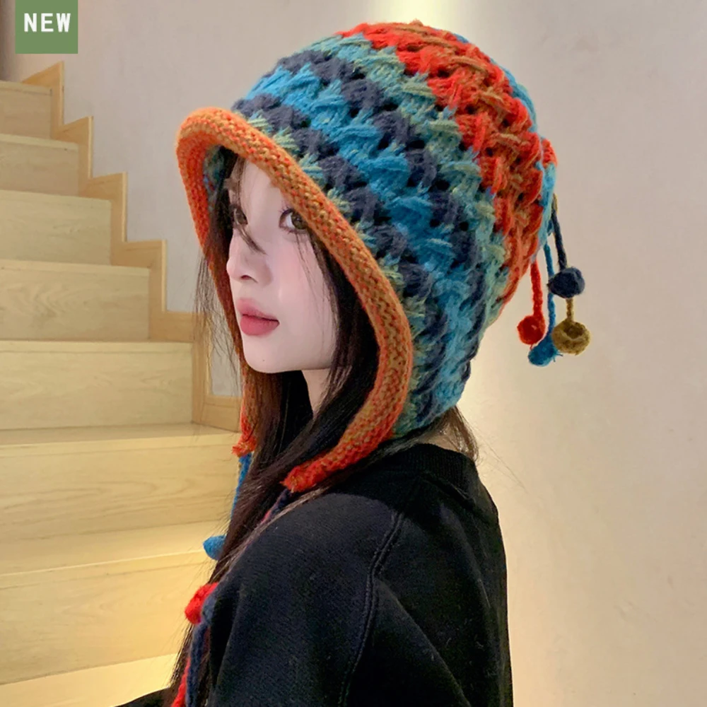 HT4249 Mode Gestrickte Hut Frauen Herbst Winter Skullies Mützen Damen Bunte Earflap Kappe Weibliche Handgemachte Quasten Beanie Hut – Detail 9