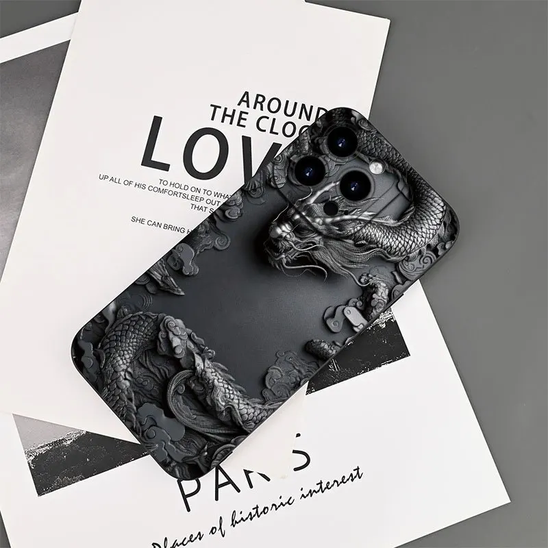 Elegant Black Chinese Loong Pattern Soft Matte Phone Case with Relief Design