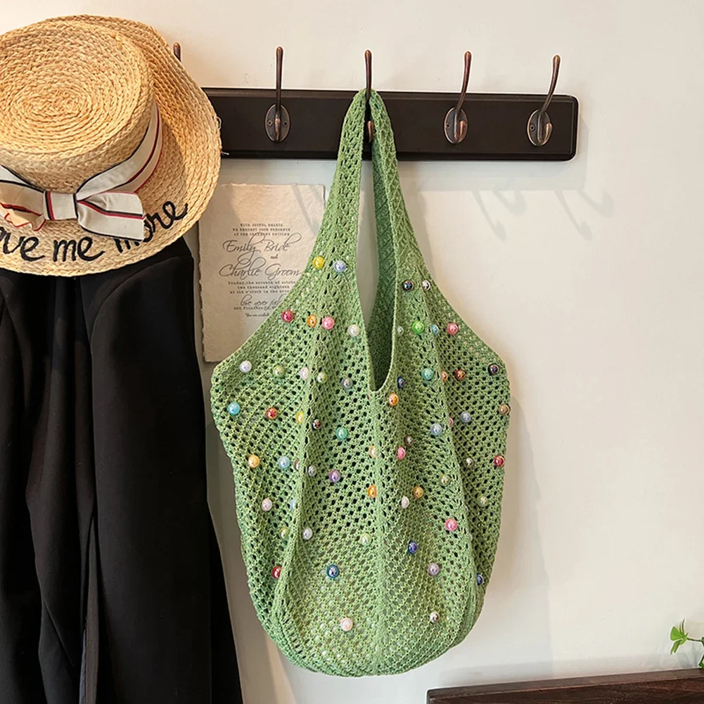 Damen Boho Häkeltasche mit farbigen Perlen, ästhetische Stricktasche, große Kapazität, gestrickte Tragetasche, Damen-Handtasche für den Alltag – Detail 5