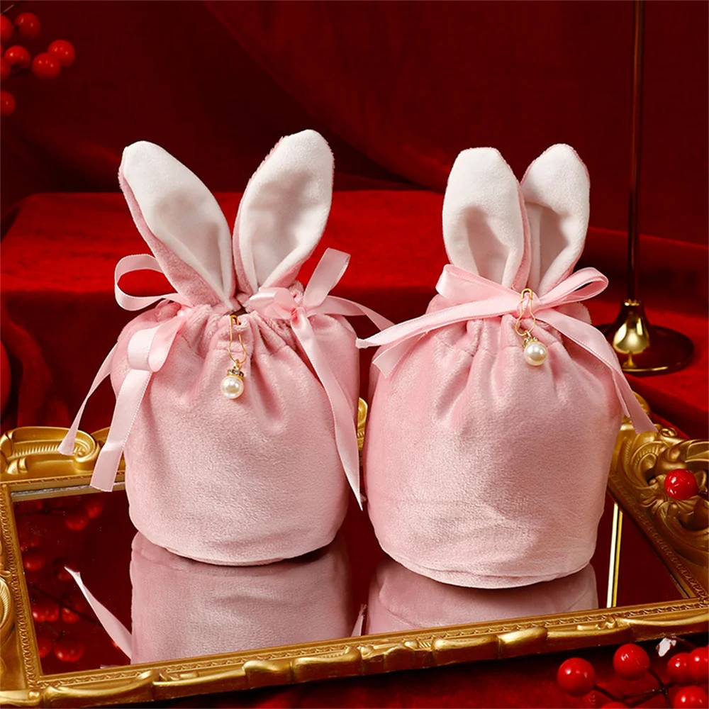 New Rabbit Ears Candy Bag Easter Drawstring Bag Velvet Draw String Candy Bags Gift Packing Bags Party Decoration Drop Shipping