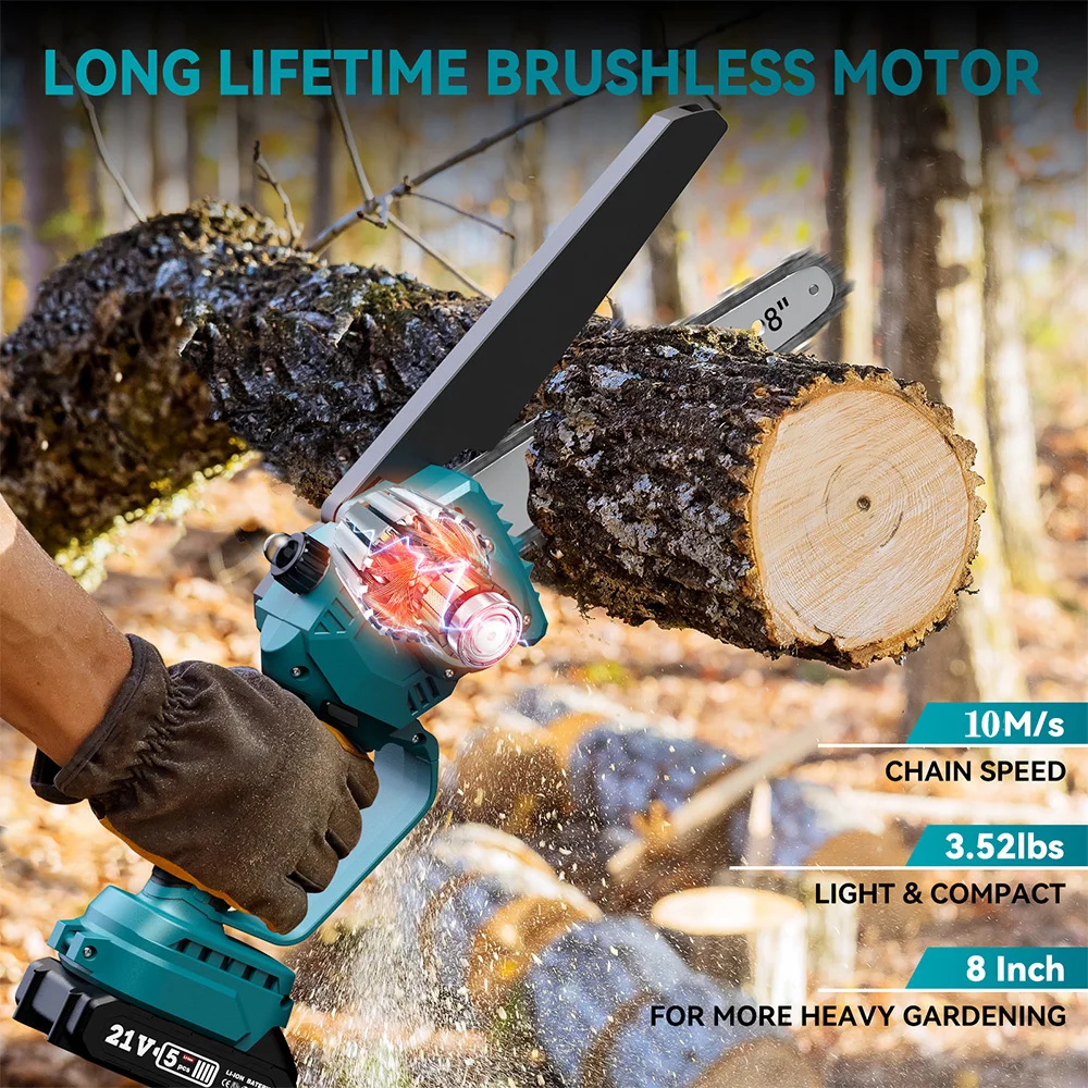 8 Inch Cordless Brushless Electric Chainsaw Mini Wood Cutter Chainsaw Pruning Garden Power Tools For Makita 18V/20V Battery