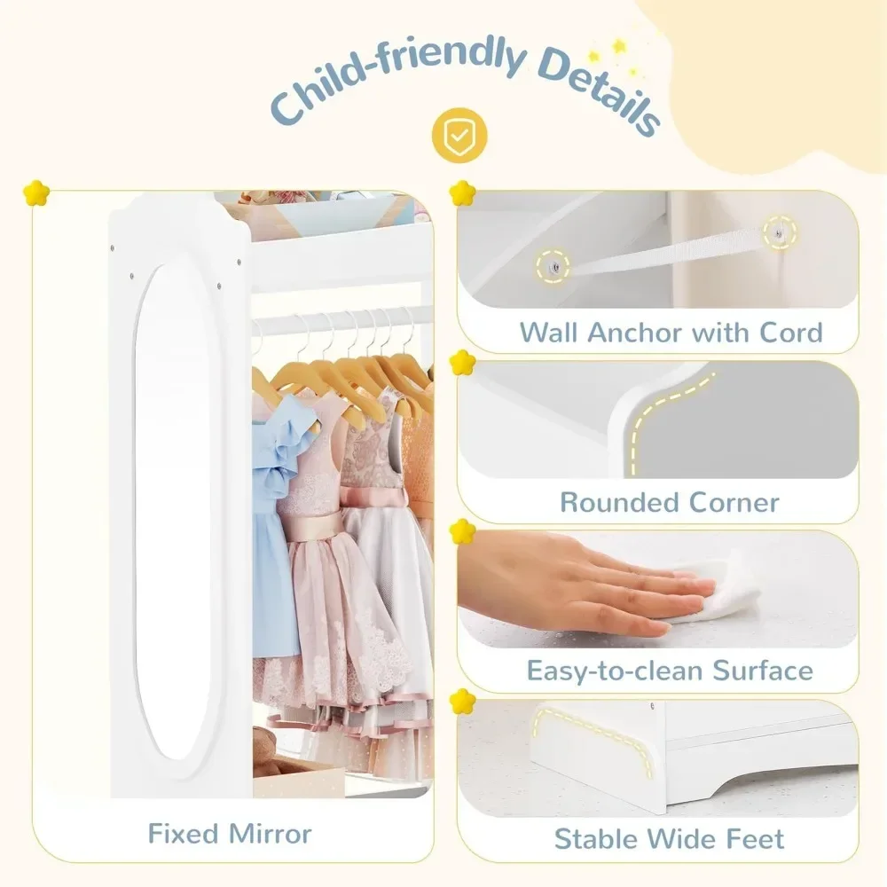 Kids Dress-up Storage with Mirror, Childrens' Wardrobe with 3 Hooks, Kids Closet for Girls Boys, Armoire Costume Organizer