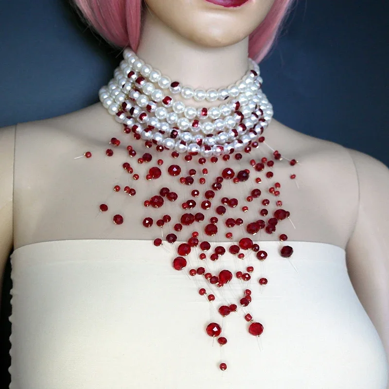 Halloween Blood Pattern Pearl Necklace Women Fashion Multi-layer Imitation Pearl Tassel Short Necklace Gothic Party Jewelry Gift