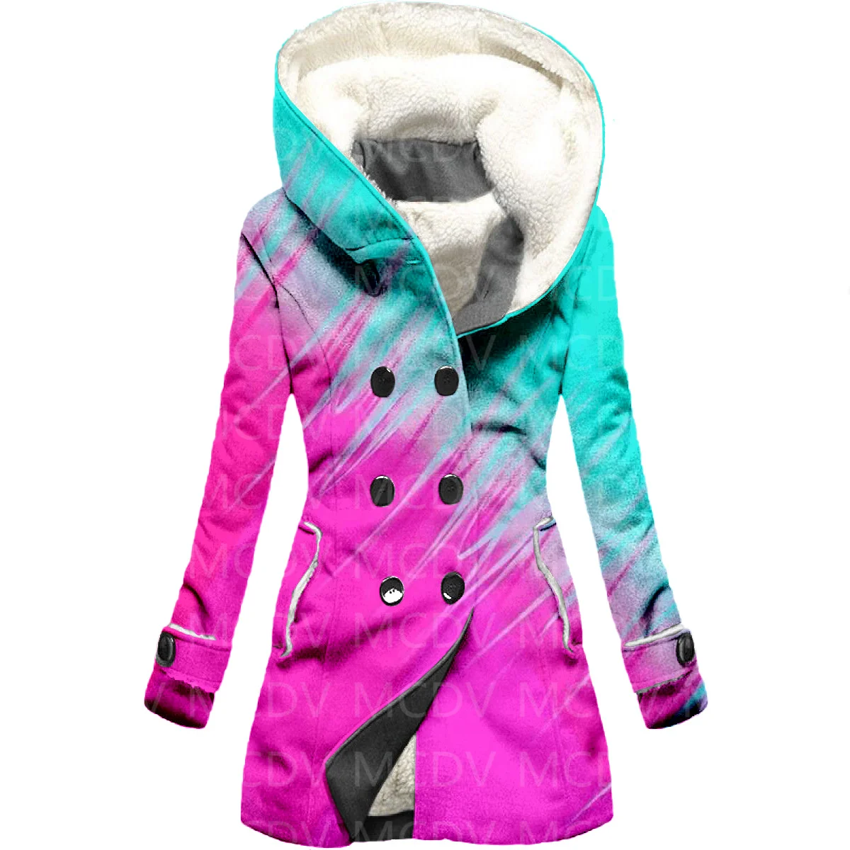 Color Gradient 3D Printed Fleece Hooded Cloak Women Thick Warm Coat Women's Winter Warm Overcoat 01