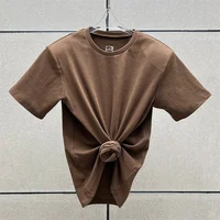T-shirt femme 2025 été nouveau haut à manches courtes tricoté élastique fleur 3D décoré col rond pull pur coton haut court 3
