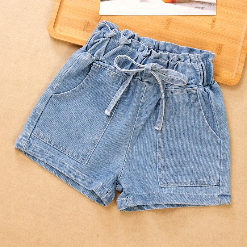 Summer Kids Clothes Girls High Waist Casual Denim Shorts Pocket Tassel Perforated Fashion Shorts Egg Bottom Bowkont Outdoor