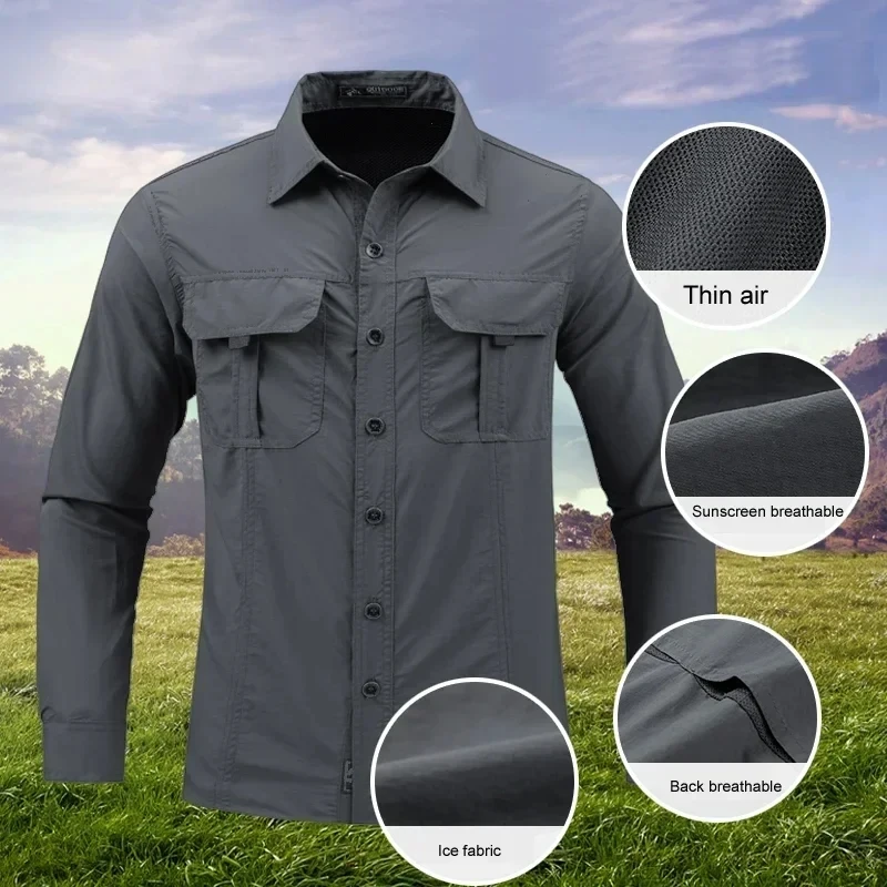 Men Shirt Outdoor Workwear Shirt for Men Quick Dry Breathable Waterproof Long Sleeve Top with Big Pockets Lapel Plus for Spring 5