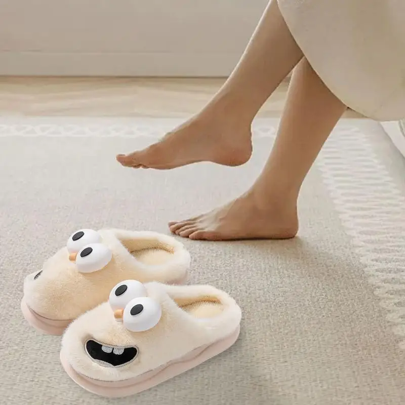 Furry Slippers For Women Plush Fuzzy Slip On Winter House Slippers Expression Warm Bedroom Shoes Cute 3D Cartoon Fluffy Slipper