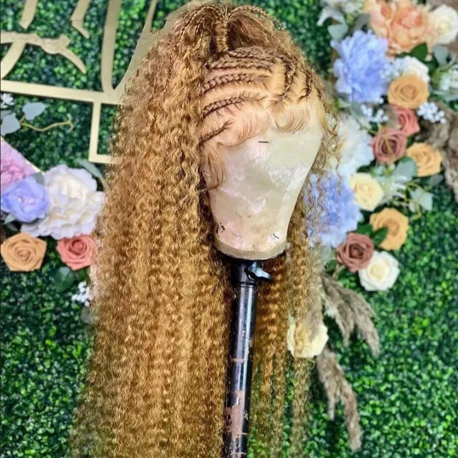 

Preplucked 26Inch Long 180%Density Glueless Honey Blonde Kinky Curly Lace Front Wig For Women BabyHair Heat Temperature Daily
