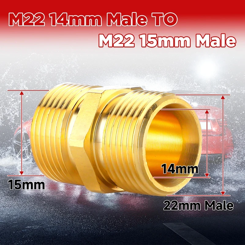 Pressure Washer Hose Connector Brass M22 15mm Male Thread to M22 14mm Male Fitting Hose Extension Adapter 4500 PSI 2