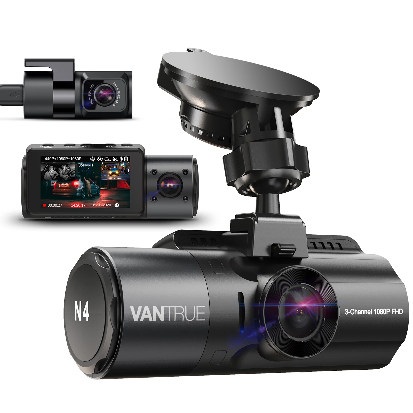 מצלמת רכב Vantrue N4 4K Dashcam 4K+1080P מצלמת רכב קדמית ואחורית עם ראיית לילה IR, תמיכה ב-3 ערוצים, תמיכה ב-256GB, מצב חניה במשך 24 שעות מרבי