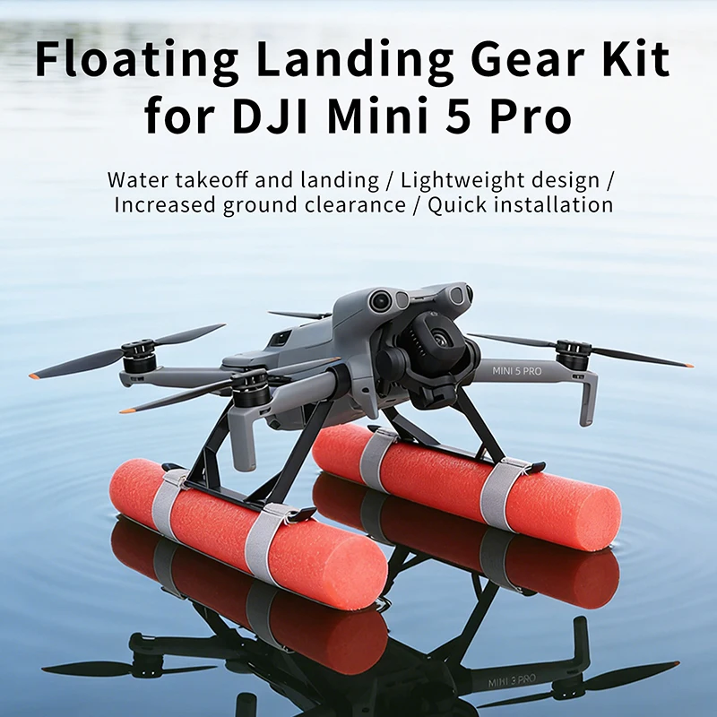 Kit flotteur déployé sous le DJI Mini 5 Pro, prêt à amerrir, avec les flotteurs en mousse grise.