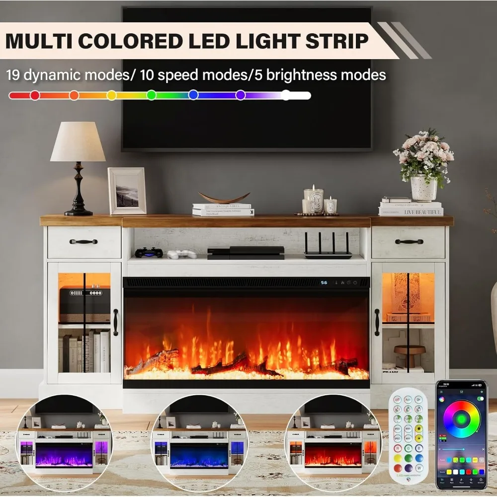 Fireplace TV Stand with 40" Electric Fireplace for 80" TV, 70" Fireplace Center with Adjustable Storage Cabinets, 2 Drawers 4