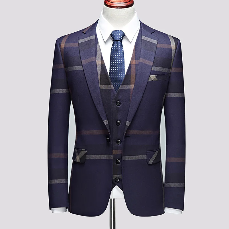 3 Pcs Suits Set Coat Vest Pants / Fashion Men's Casual Boutique Business Plaid Slim Formal Dress Blazers Jacket Waistcoat