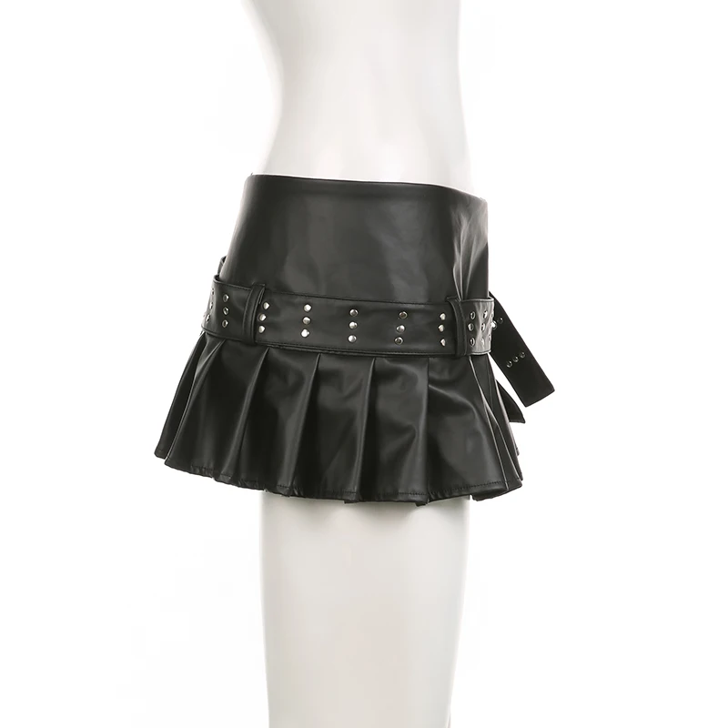 Punk Slit Mini Leather Skirt with Belt Summer Low Rise Loose Sexy Supe ...