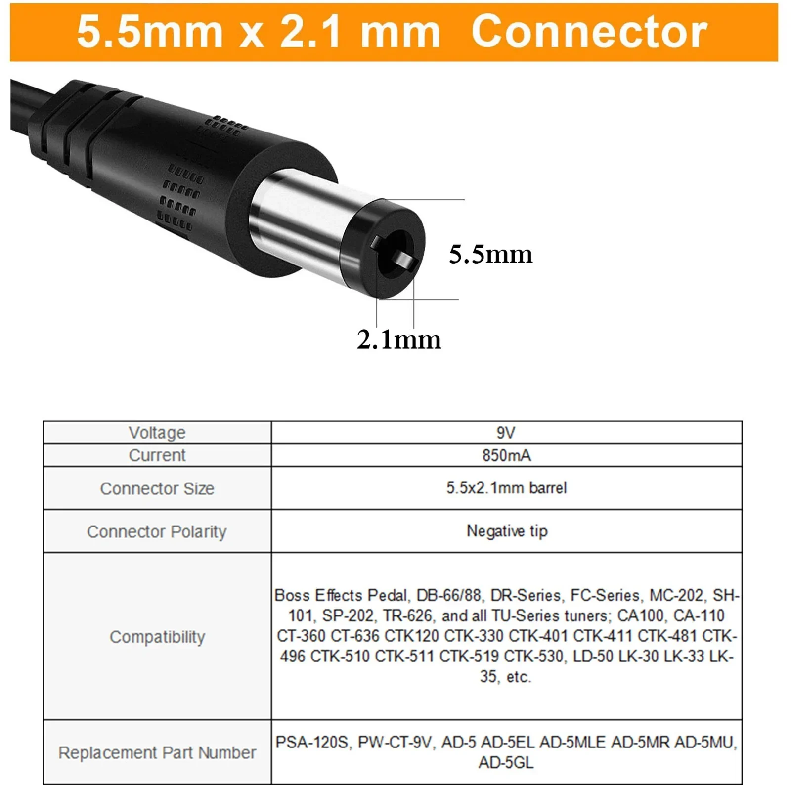 DC 9V 850mA Central Negative Guitar Effect Pedal Power Supply Adapter FREE 5 way Daisy Chain Noise Isolation Audio Cable Line