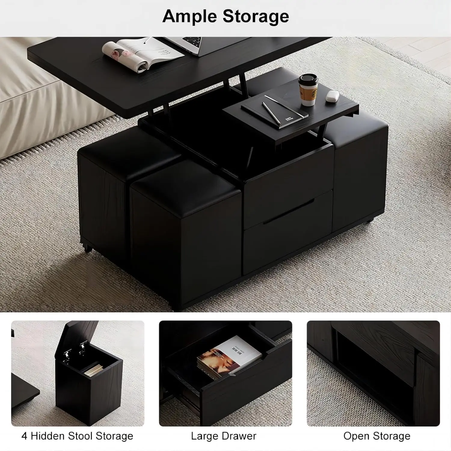 Coffee Table with Hidden Storage, Multifunctional 3-in-1 Modern Coffee Table with 4 Stools and Lockable Wheels (Black)