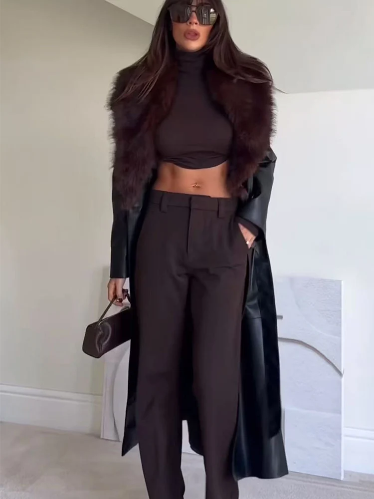 Women's Faux Fur Collar Leather Long Jacket Fashion High Street Belt Decoration Leather Outwear 2025 Winter Female Chic Coat