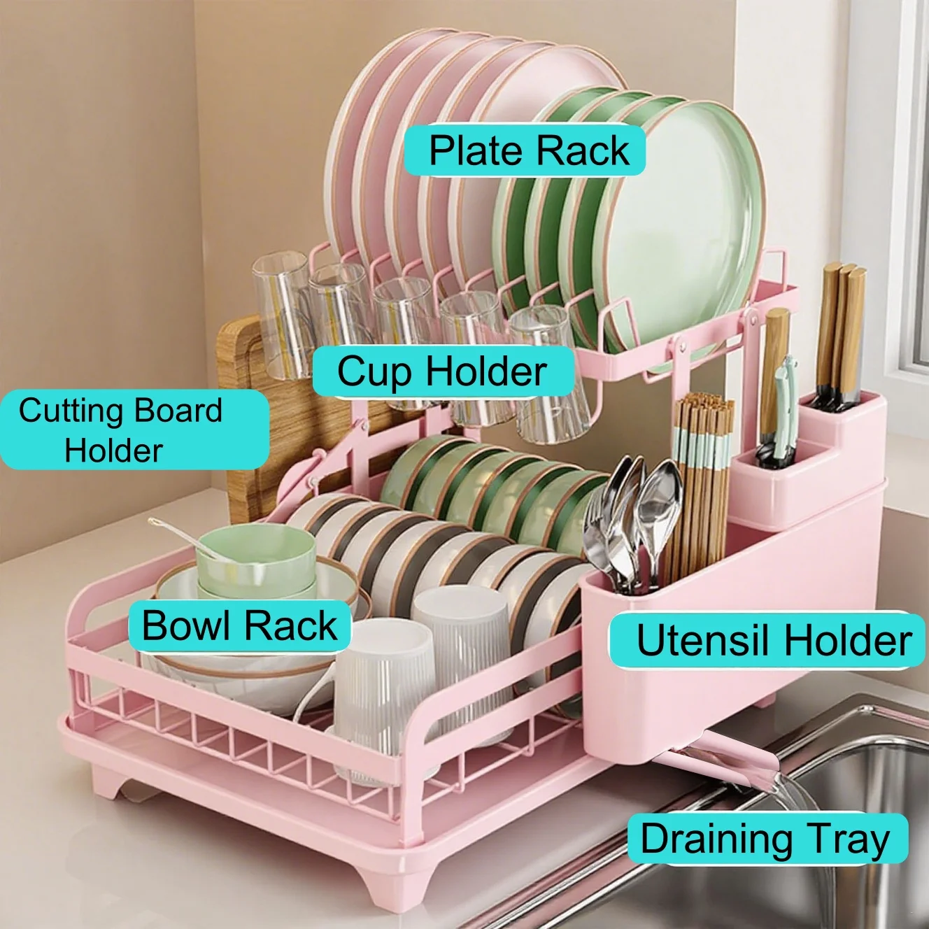 2 Tier Pink Dish Drying Rack with Drainboard | Large Capacity Kitchen Counter Dish Organizer , With Utensil Holder & Accessories