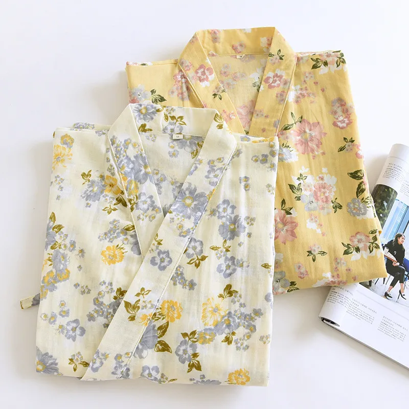 Japanese Kimono Cotton Gauze Bathrobe For Women Floral Printed Sleepwear Robe Loose Spring Autumn Night Wear Home Robes