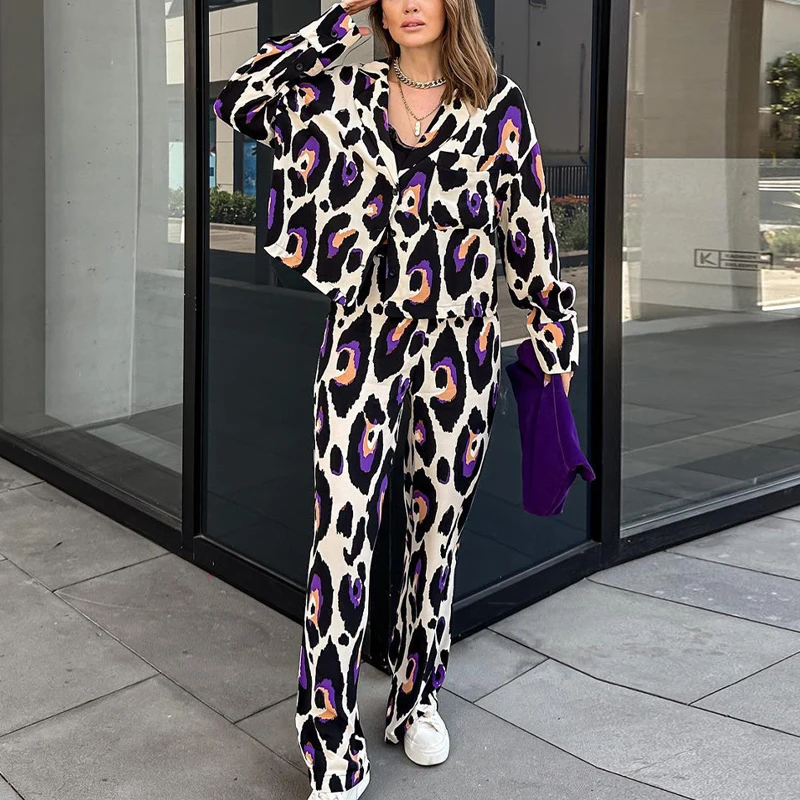 

New Elegant Casual Leopard Print Set Autumn Lapel Long Sleeve Shirts+High Waist Long Pants Outfits Fashion Commute Loose 2pc Set