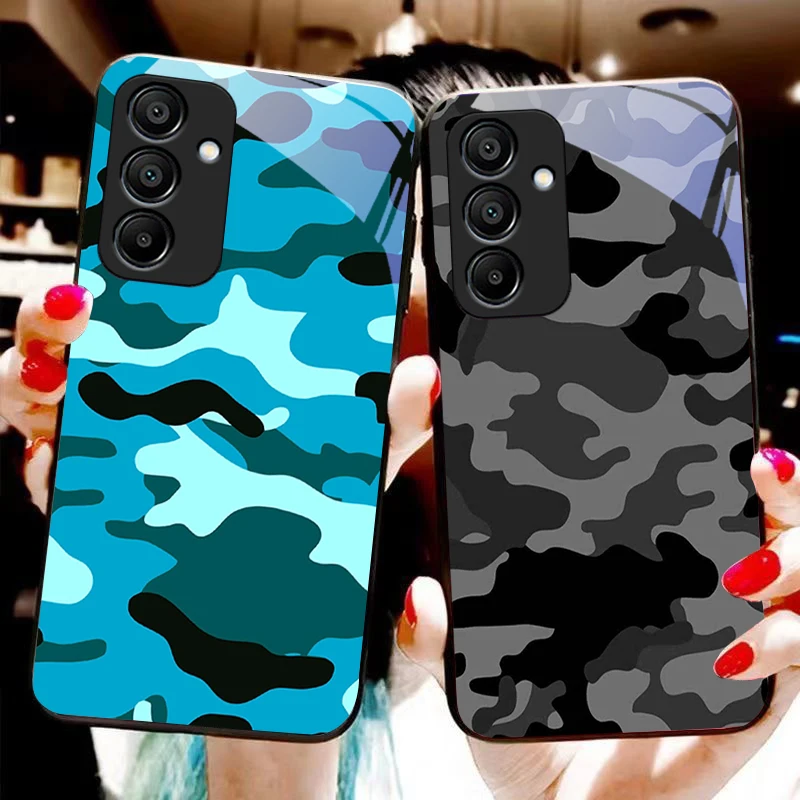 Camouflage Blue Black Tempered Glass Phone Case
