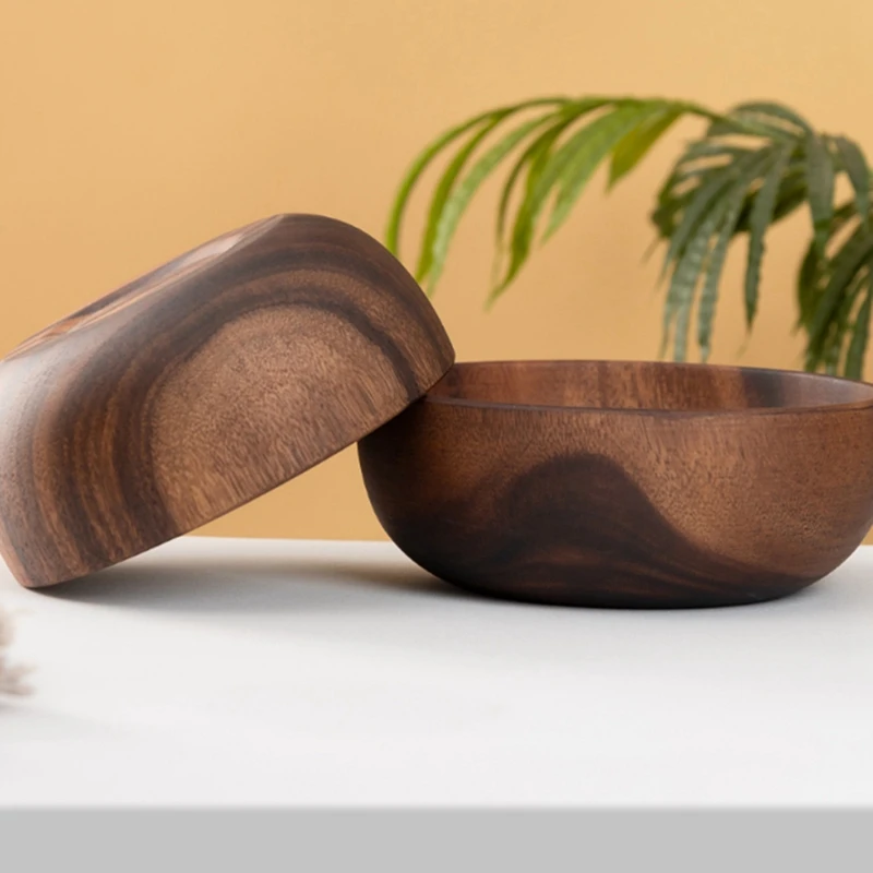 A82X-Wooden Salad Bowl Round Dessert Displays Serving Trays Fruit Food Salads Snack Soup Bowl For Home Coffee Shop