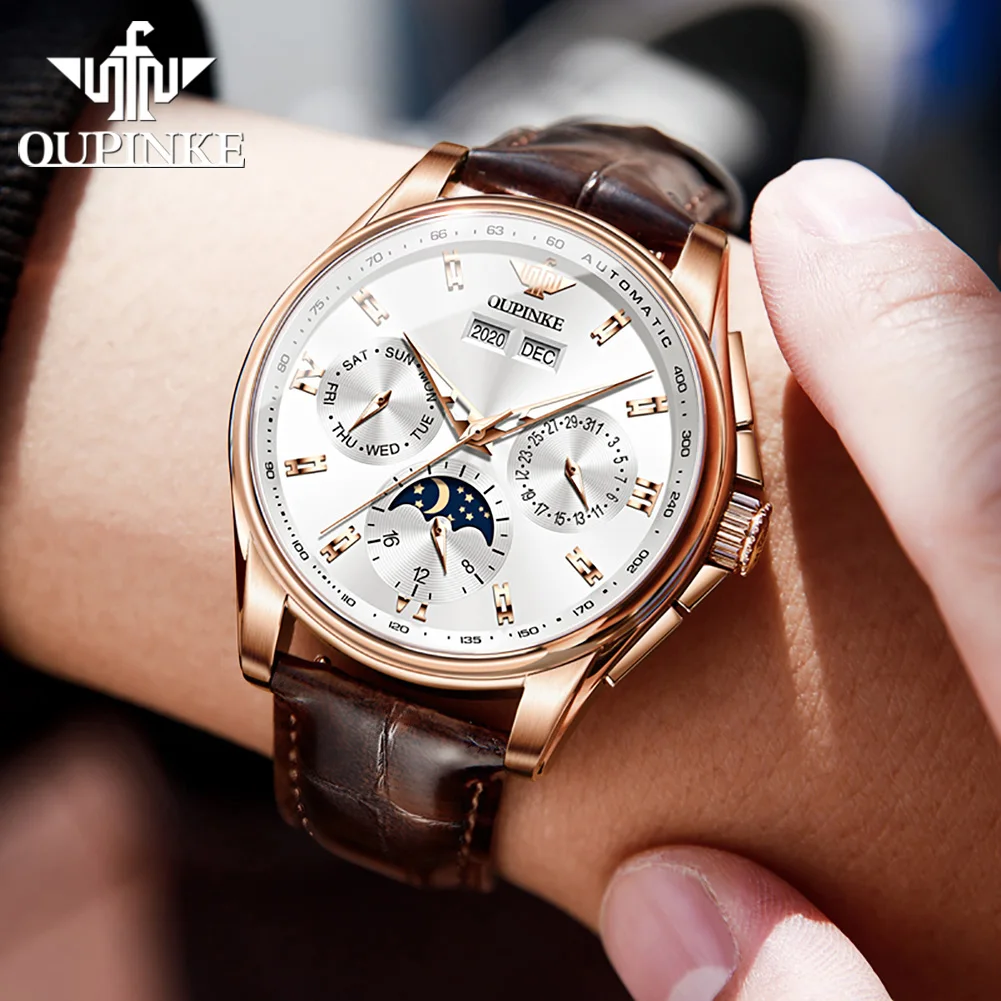 OUIPNKE 3189 Men's Watch Moon phase Calendar Multifunctional Wristwatch Leather strap Sapphire mirror Watch for Man Top Brand