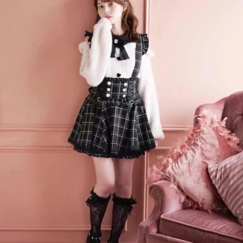 Japanese Gothic Lolita Ribbon Short Suspender plaid Skirt Girls Sweet Cute Lace A-Line Mini Skirts summer2024 black solid kawaii 6