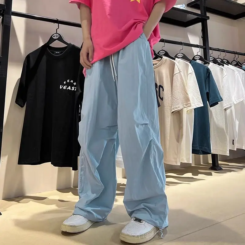 Summer Solid Color Fashion Elastic Waist Wide Leg Trousers Man Drawstring Loose Casual Pockets Patchwork Thin Personality Pants