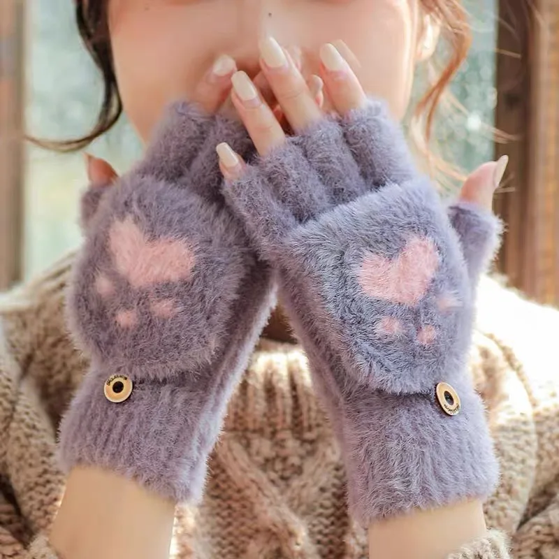 

Cute Cat Paw Plush Gloves for Women Girls Winter Warm Fluffy Half Finger Gloves Mittens Lovely Bear Cat Paw Fingerless Gloves