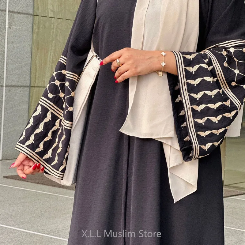 Dubai Islamic Eid Ramadan Modest Abayas White Black Pink Butterfly Embroidery Linen Dress For Women Robe Clothing Musulmane